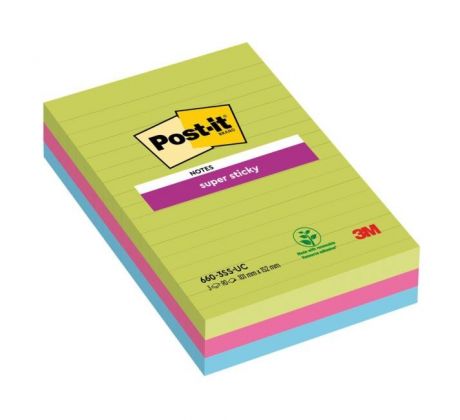 Bloček Post-it Super Sticky 101 mm x 152 mm XXL, dúhové farby, linajkové, 3 bločky po 90 lístkov