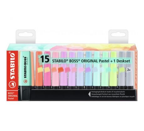 Sada zvýrazňovačov STABILO BOSS ORIGINAL Pastel 15 ks Stolný set so 14 rôznymi farbami