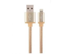 Cotton braided 8-pin cable with metal connectors, 1.8 m, gold color, blister (CCB-MUSB2B-AMLM-6-G)