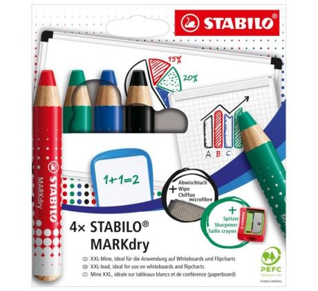 Sada STABILO MARKdry na tabuľu a flipchart 4f so strúhadlom a utierkou